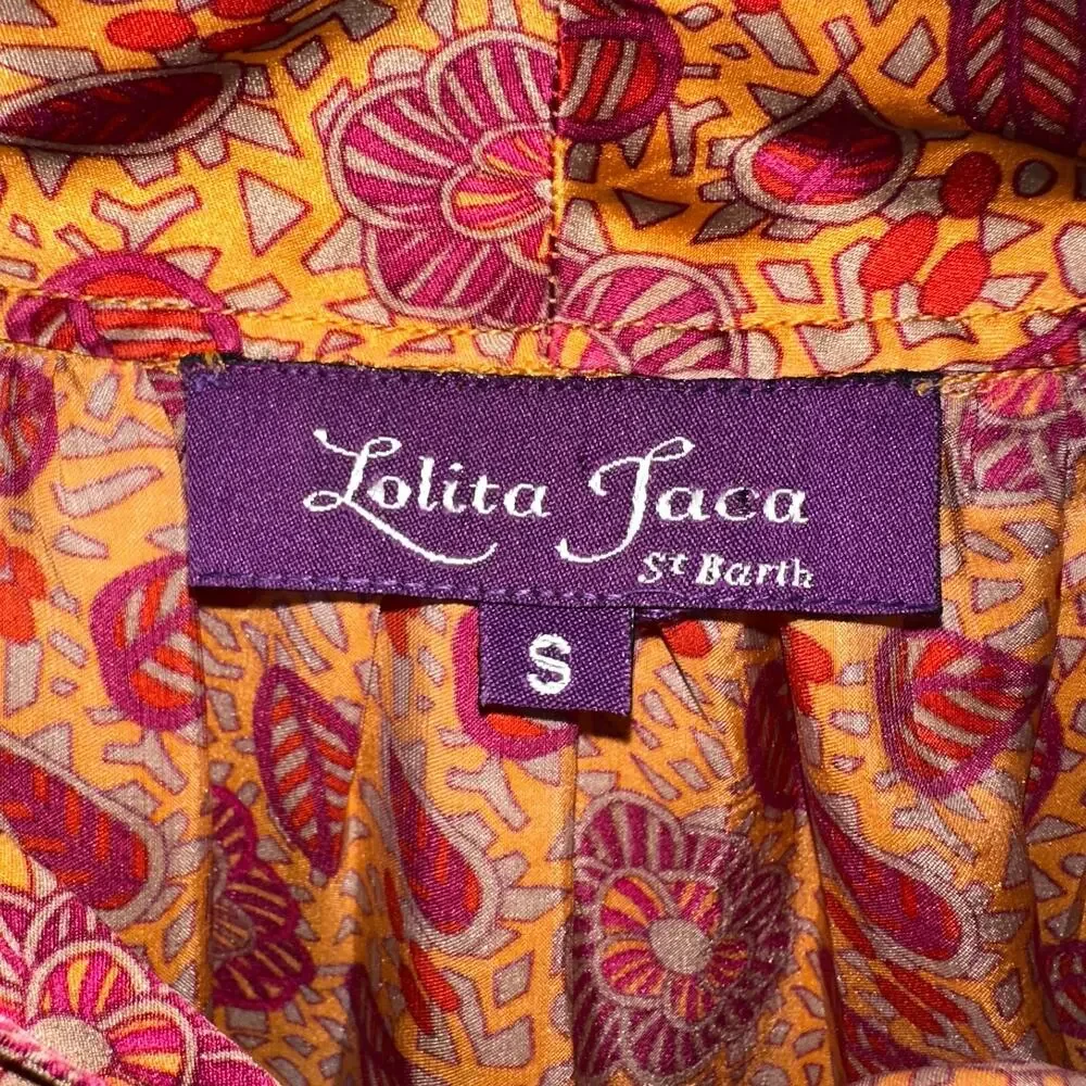Lolita‎ Jaca St Barth Top Womens Small Silk Long Sleeve Orange/Red Elastic Waist - Picture 3 of 9